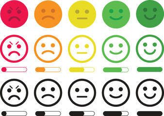 Rating Emoji Icon set. Review smiley face collection. Service rating emoticon vector illustration. Bad, poor, average, good and excellent feedback marking. Vector cartoon smiley face collection.