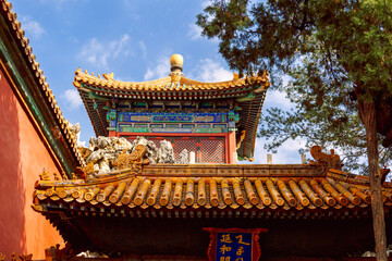 Fototapeta premium Sunlit pavilion with ornate roof tiles, vivid painted beams, weathered stone forms and bright red wall presents clear view of traditional imperial design in Forbidden City, Beijing, China