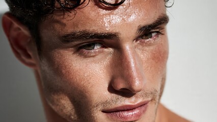 Detailed portrait of a handsome young man with dark curly hair and glowing, dewy skin.