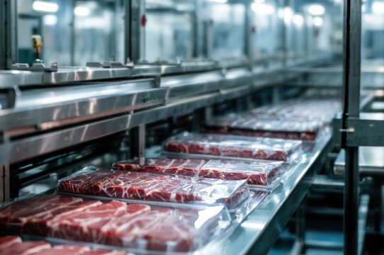 Vacuum-sealed packages of fresh red meat move along a stainless steel conveyor belt inside a modern food processing factory.