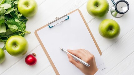 Healthy lifestyle checklist on clipboard with fresh green apples and spinach leaves, promoting wellness and nutrition in a vibrant kitchen setting