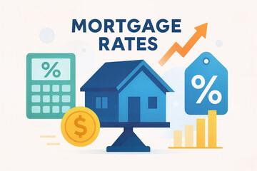 Mortgage Rate Comparison Vector Illustration &ndash; House on Balance Scale with Percentage Symbol and Financial Icons
