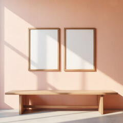 Two vertical frames mockup hanging on light peach wall above bench, with shadow from window falling across it. Large artwork, poster empty border, double template. Minimalist modern interior