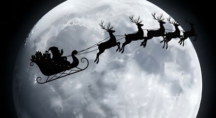 Santa's majestic sleigh and reindeer silhouette against the brilliant winter moon