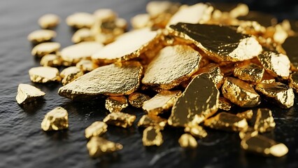 Pile of Gold Flakes and Nuggets on Dark Surface.