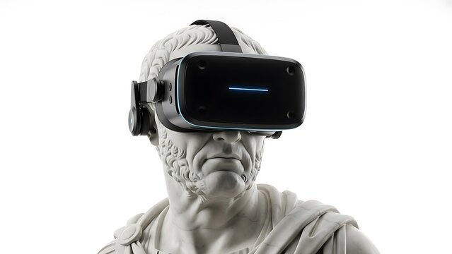 Ancient marble bust of a classical philosopher wearing a modern black virtual reality headset against a stark white background symbolizing future technology meeting history - Powered by Adobe