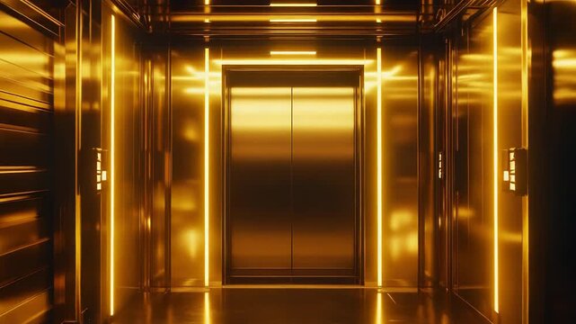 Empty golden luxury elevator with modern neon lighting