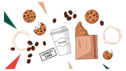 Hand-drawn illustration of coffee shop items like a take-away cup, croissant, cookies, and loyalty card arranged in a flat lay composition with coffee beans and stains