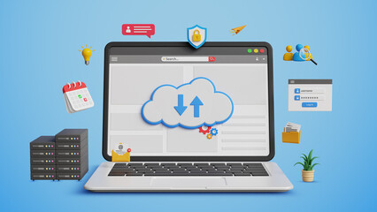 Cloud Technology and Smart Solutions. Platform as a Service, PaaS, Digital Infrastructure, Secure Data Storage and IT Management. Cloud Computing concept on a Laptop. 3D Illustration