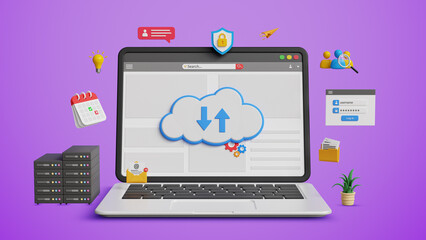 Cloud Solutions, Cloud Storage, PaaS Management, Digital Integration and Secure Data Management, Hybrid Cloud Infrastructure, Edge Computing. 3D Laptop with Cloud Technology Concept