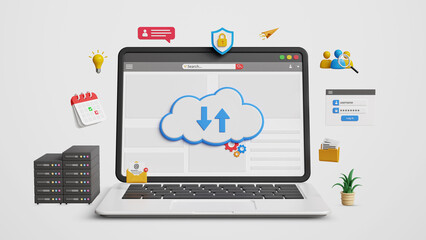 Cloud Technology, Secure Data Storage and Backup. Scalable Digital Infrastructure, Cloud Based Business Solutions, Hybrid and Edge Computing. Download or Upload Data to Cloud Computing on 3D Laptop