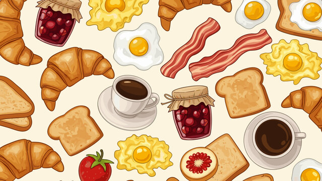 Seamless pattern of cartoon breakfast food including croissants, fried eggs, bacon, toast, coffee, and jam in a colorful, hand-drawn illustration style