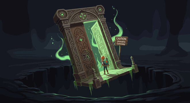 Fototapeta Ancient carved stone portal with glowing green energy stands precariously over a dark chasm as a young adventurer prepares to enter the unstable gateway