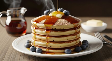 Stack of pancakes with blueberries and maple syrup delicious food breakfast brunch sweet dessert yummy treat