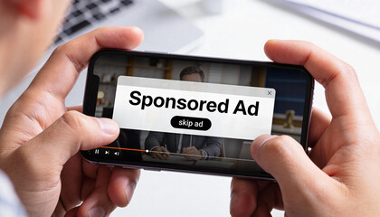 A person is holding a smartphone displaying a video player with an intrusive "Sponsored Ad" notification overlay, offering a 'skip ad' option.