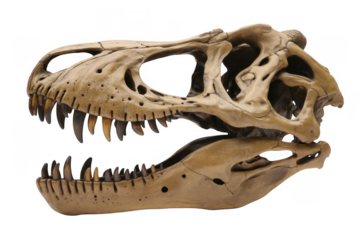 Detailed dinosaur skull with sharp teeth and open jaw on black background isolated on a transparent background