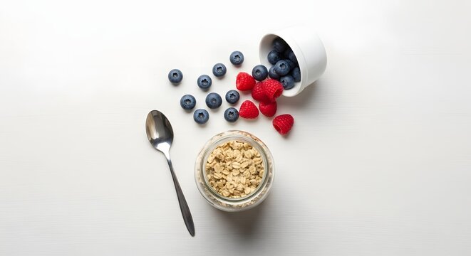 Oatmeal breakfast with berries healthy food blueberries raspberries spoon white background fresh diet bowl - Powered by Adobe