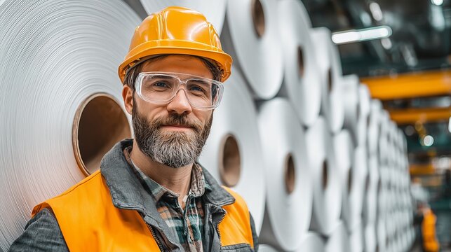 Worker in safety gear stands next to large rolls of paper in a busy factory during daylight hours - Powered by Adobe