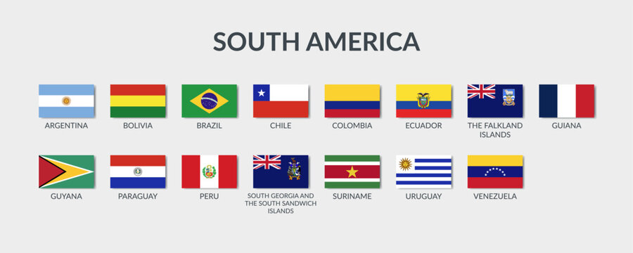 Flags of South America countries. Set of vector cliparts in flat style.