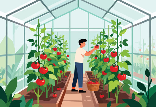 A person picking red ripe tomatoes in a greenhouse, placing them in a basket. Lush plants around