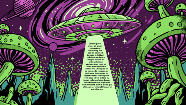Psychedelic Sci-Fi Banner - Alien UFO Abduction Over Giant Magic Mushrooms Landscape