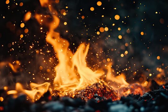 Fiery flames rise with glowing embers & dark charcoal pile - Powered by Adobe