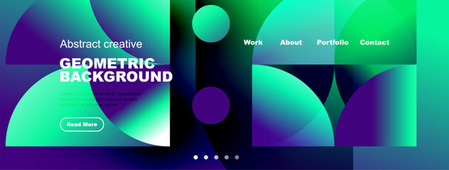 Vibrant website mockup features geometric shapes, gradients. Navigation includes work, about, portfolio, contact sections. Button invites further exploration.