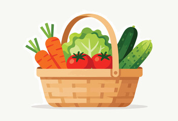 A wicker basket overflowing with fresh produce, including carrots, tomatoes, lettuce, and cucumbers, on a white background