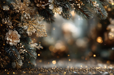 Christmas decoration, black background, golden frame, holiday design, pine branches with snowflakes, sparkling elements, elegant festive atmosphere, winter celebration themed artwork