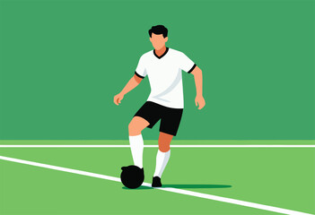 Fototapeta premium A vector illustration depicts a soccer player in a white jersey and black shorts on a green field