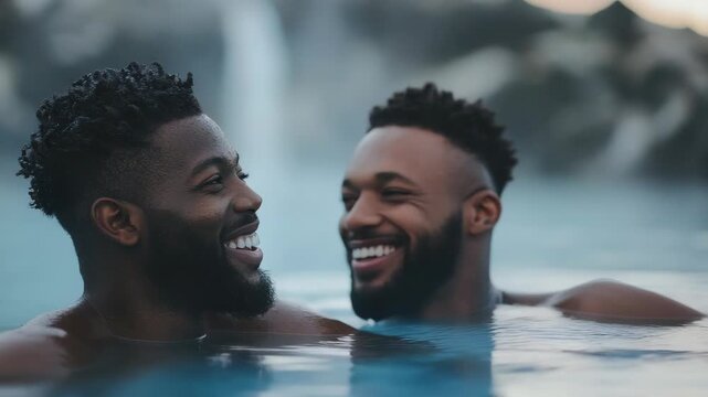 Two men enjoying each other's company in a pool, laughing and having a good time.