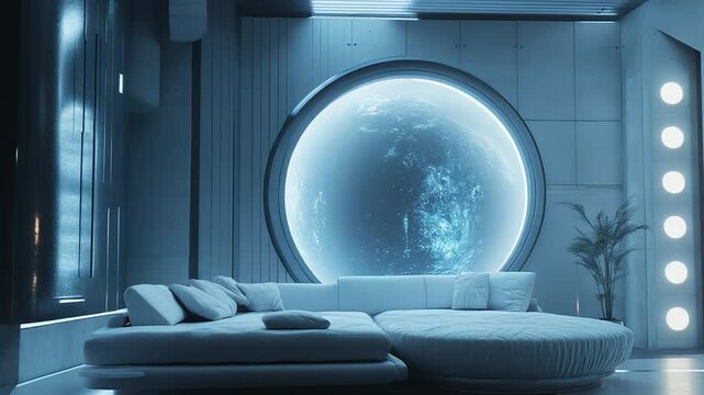 Futuristic spaceship interior viewing planet earth through window