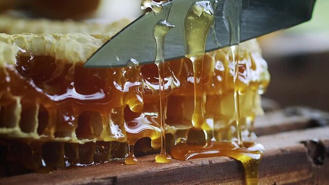 honeycomb dripping with golden nectar is cut open with a knife