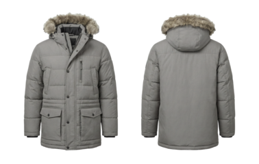 Blank Grey Puffer Parka Jacket Mockup Front and Back View, Plain Winter Coat with Faux Fur Hood Trim isolated on transparent background