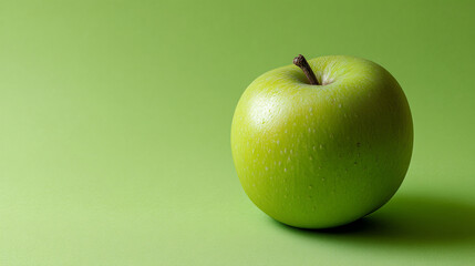 Fresh green apple on a bright green background in simple setting during daytime