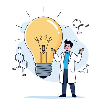 Illustration of a scientist in a lab coat standing next to a large lightbulb with chemical structures around it on a white background.