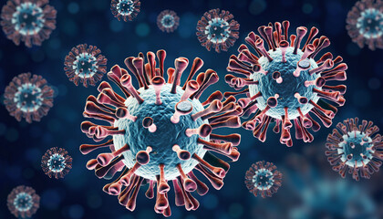 Microscopic view of blue and red coronavirus particles floating in dark blue.