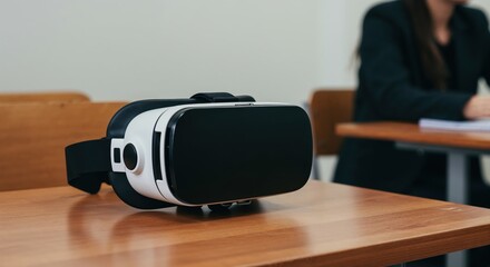 VR Education: A virtual reality headset sits poised on a classroom desk, hinting at a new era of immersive education and technological advancement.