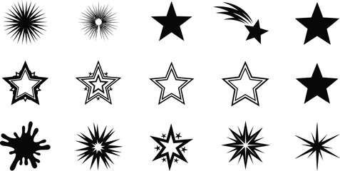 Collection of shooting star and static star icons in black and white, featuring various designs with trails and outlines, perfect for graphic design elements