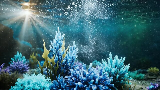 Underwater world with colorful coral reefs and sunlight shining through the water.