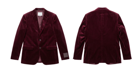Blank Burgundy Velvet Blazer Mockup Front and Back View, Plain Maroon Formal Jacket with Notched Lapel Template isolated on transparent background