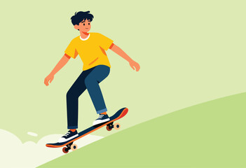 Obraz premium A boy in a yellow tee and blue pants balances and skates on a skateboard down a grassy slope