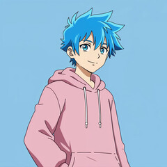 Blue-Haired Anime Character in Pink Hoodie: A cheerful character with vibrant blue hair dons a pink hoodie, smiling gently against a sky-blue background.