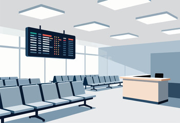 Stylized illustration of a modern airport terminal. Features rows of seats, a flight display, and a check-in desk