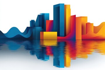 Abstract Cityscape With Colorful Buildings Reflected In Water On White Background