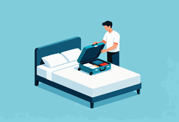 A person in a white shirt and black pants opens a suitcase packed with clothes on a bed with white sheets