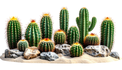 A grouping of cacti in various sizes and shapes with sand and stones. The plants have spines, some with yellow or red tops