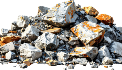 A pile of jagged rocks of various shapes and colors, featuring shades of gray, white, and orange, stacked together