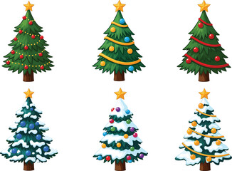 Cartoon Vector Set of Six Christmas Trees: Decorated with Ornaments, Garlands, and Snow