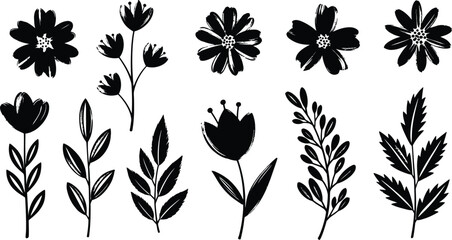 Collection of black and white floral silhouettes and folk art flower designs